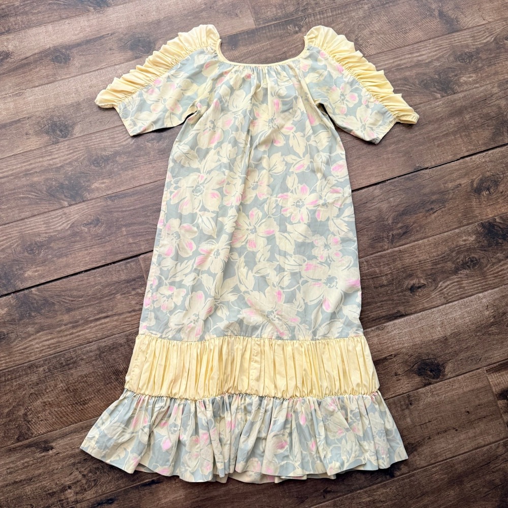 Vintage Hawaiian Floral Flutter Sleeve Ruffle Hem Muumuu Dress,Yellow Green, OS